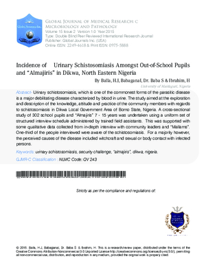 Incidence of Urinary Schistosomiasis amongst Out-Of-School Pupils and aoAlmajirisa in Dikwa, North Eastern Nigeria