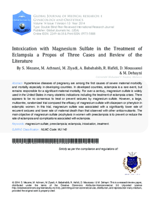 Intoxication with Magnesium Sulfate in the Treatment of Eclampsia A Propos of Three Cases and Review of the Literature