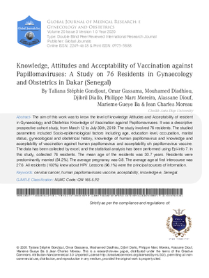 Knowledge, Attitudes and Acceptability of Vaccination against Papillomaviruses: A Study on 76 Residents in Gynaecology and Obstetrics in Dakar (Senegal)