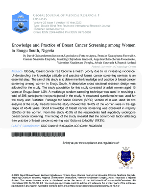 Knowledge and Practice of Breast Cancer Screening among  Women in Enugu South, Nigeria