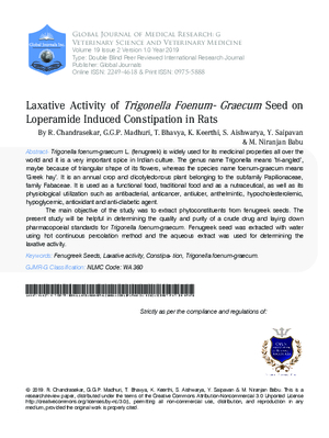 Laxative Activity of Trigonella Foenum-Graecum Fenugreek Seeds on Loperamide Induced Constipation in Rats