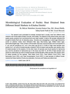 Microbiological Evaluation of Poultry Meat Obtained from Different Retail Markets in Khulna District