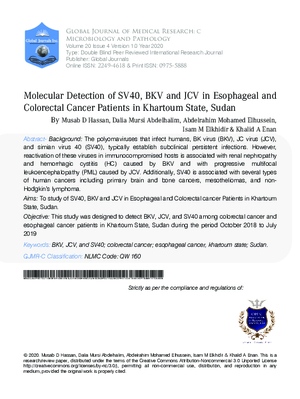 Molecular Detection of SV40, BKV and JCV in Esophageal and Colorectal cancer Patients in Khartoum State, Sudan