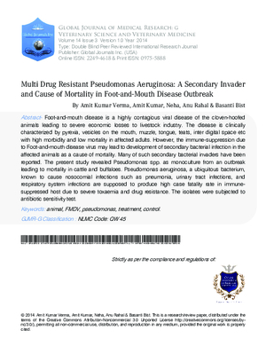 Multi Drug Resistant Pseudomonas Aeruginosa: A Secondary Invader and Cause of Mortality in Foot-and-Mouth Disease Outbreak