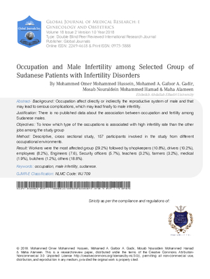 Occupation and Male Infertility among Selected Group of Sudanese Patients with Infertility Disorders