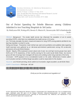 Out of Pocket Spending for Febrile Illnesses among Children Admitted to Two Teaching Hospitals in Sri Lanka
