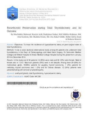 Pararthyroid Preservation during Total Thyroidectomy and its Outcome