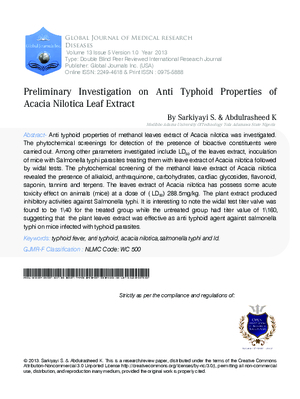 Preliminary Investigation on Anti Typhoid Properties of Acacia Nilotica Leaf Extract