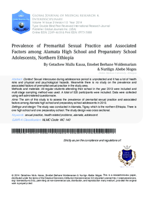 Prevalence of Premarital Sexual Practice and Associated Factors among Alamata High School and Preparatory School Adolescents, Northern Ethiopia