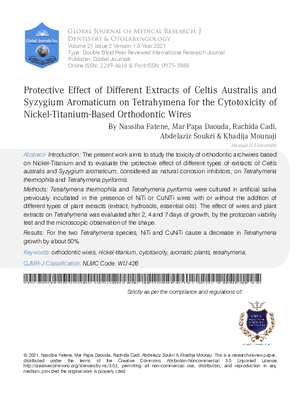 Protective Effect of Different Extracts of Celtis Australis and Syzygium Aromaticum on Tetrahymena for the Cytotoxicity of Nickel-Titanium-Based Orthodontic Wires