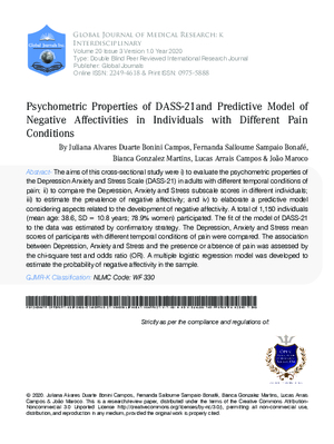 Psychometric Properties of DASS-21 and Predictive Model of Negative Affectivities in Individuals with Different Pain Conditions
