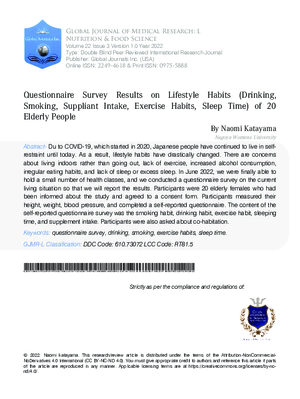 Questionnaire Survey Results on Lifestyle Habits (Drinking, Smoking, Suppliant Intake, Exercise Habits, Sleep Time) of 20 Elderly People