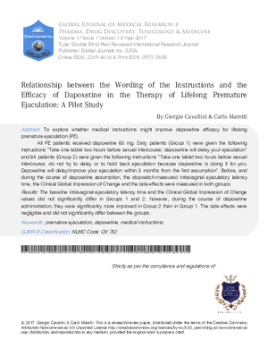 Relationship between the Wording of the Instructions and the Efficacy of Dapoxetine in the Therapy of Lifelong Premature Ejaculation: A Pilot Study.