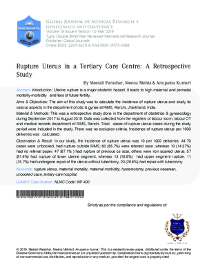 Rupture Uterus in a Tertiary Care Centre : A Retrospective Study