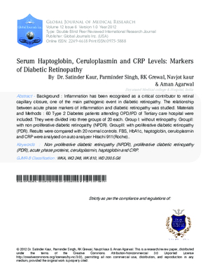 Serum Haptoglobin, Ceruloplasmin and CRP levels: Markers of Diabetic Retinopathy