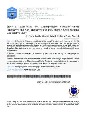 Study of Biochemical and Anthropometric Variables among Pancagavya and Non-Pancagavya Diet Population: A Cross-Sectional Comparative Study