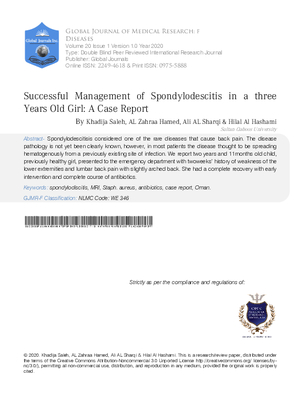 Successful Management of Spondylodescitis in a Three Years Old Girl: A Case Report