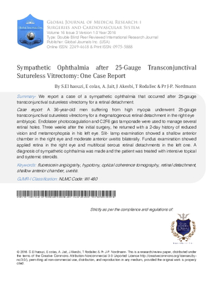 Ophtalmie Sympathique Apres Vitrectomie Transconjonctivale 25-Gauge Sans Suture : A Propos dun cas Sympathetic Ophthalmia After 25-Gauge Transconjunctival Sutureless Vitrectomy: One Case Report