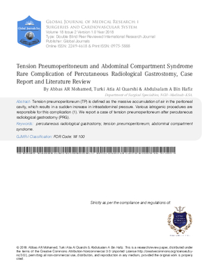 Tension Pneumoperitoneum and Abdominal Compartment Syndrome Rare Complication of Percutaneous Radiological Gastrostomy, Case Report and Literature Review.