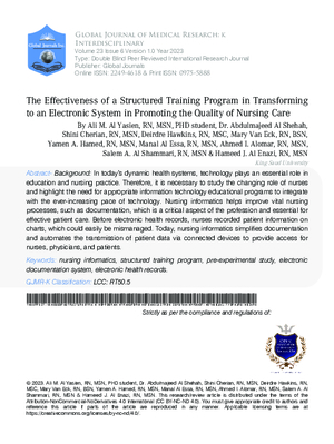 The Effectiveness of a Structured Training Program in Transforming to an Electronic System in Promoting the Quality of Nursing Care