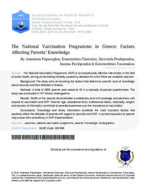 The National Vaccination  Programme in Greece: Factors Affecting Parentsa Knowledge