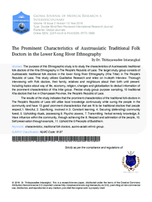 The Prominent Characteristics of Austroasiatic Traditional Folk Doctors  in the Lower Kong River Ethnography