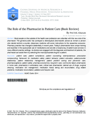 The Role of the Pharmacist in Patient Care (Book Review)