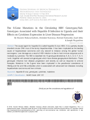 The S-Gene Mutations in the Circulating HBV Genotypes/Sub-Genotypes Associated with Hepatitis B Infection in Uganda and their Effects On Cytokines Expression in Liver Disease Progression