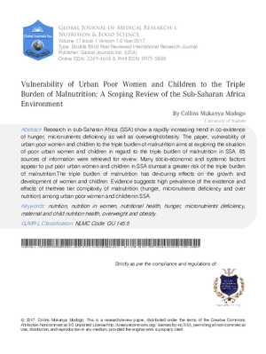 Vulnerability of Urban Poor Women and Children to the Triple Burden of Malnutrition: A Scoping Review of the Sub-Saharan Africa Environment