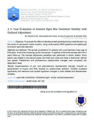 A 3-Year Evaluation of Anterior Open Bite Treatment Stability with Occlusal Adjustment