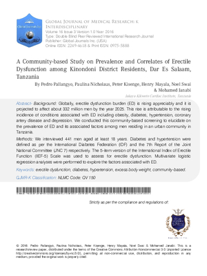 A Community-based Study on Prevalence and Correlates of Erectile Dysfunction among  Kinondoni District Residents, Dar Es Salaam, Tanzania