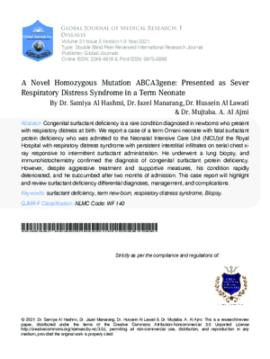 A Novel Homozygous Mutation ABCA3gene: Presented as Sever Respiratory Distress Syndrome in a Term Neonate