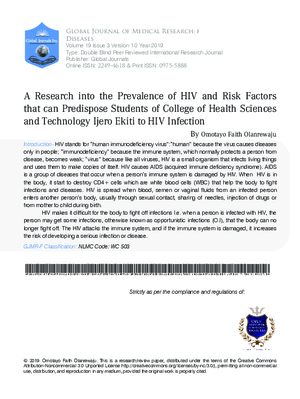 A Research into the Prevalence of HIV and Risk Factors that Can Predispose Students of College of Health Sciences and Technology Ijero Ekiti To HIV Infection