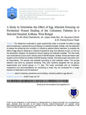 A Study to Determine the Effect of Egg Albumin Dressing on Peristomal Wound Healing of the Colostomy Patients in a Selected Hospital, Kolkata, West Bengal