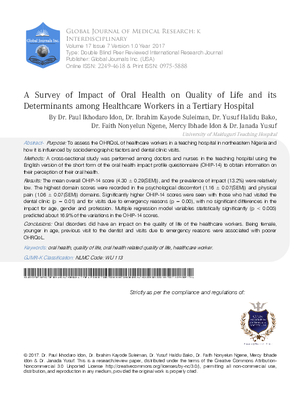 A Survey of Impact of Oral Health on Quality of Life and its Determinants among Healthcare Workers in a Tertiary Hospital