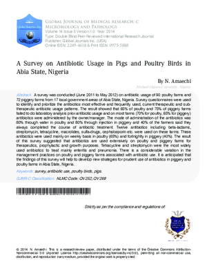 A Survey on Antibiotic usage in Pigs and Poultry Birds in Abia State, Nigeria