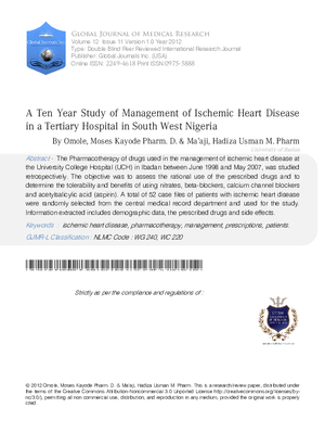 A Ten Year Study of Management of Ischemic Heart Disease in a Tertiary Hospital in South West Nigeria
