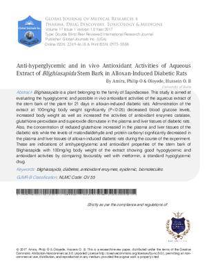 Anti-Hyperglycemic and in Vivo Antioxidant Activities of Aqueous Extract of Blighia sapida Stem Bark in Alloxan-Induced Diabetic Rats