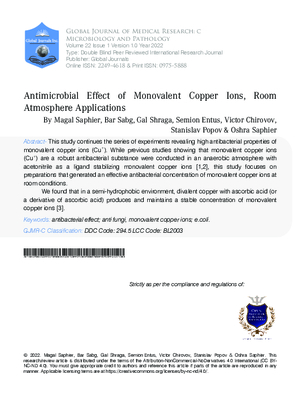Antimicrobial Effect of Monovalent Copper Ions, Room Atmosphere Applications