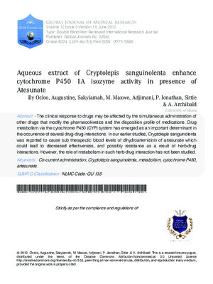 Aqueous extract of Cryptolepis sanguinolenta enhance cytochrome P450 1A isozyme activity in presence of Atesunate