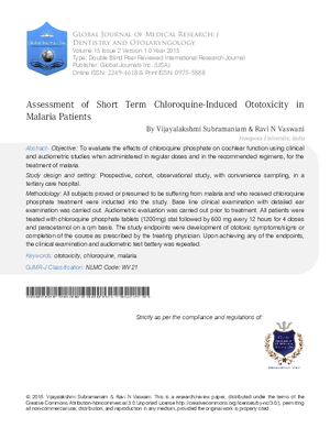 Assessment of Short Term Chloroquine-Induced Ototoxicity in Malaria Patients