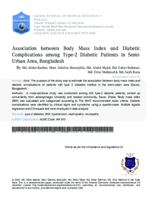 Association between Body Mass Index and Diabetic Complications among Type 2 Diabetic Patients in Semi Urban Area Bangladesh