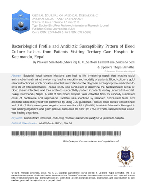 Bacteriological Profile and Antibiotic Susceptibility Pattern of Blood Culture Isolates from Patients Visiting Janamaitri Hospital, Balaju, Kathmandu, Nepal