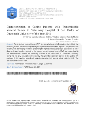 Characterization of Canine Patients with Transmissible Veneral Tumor in Veterinary Hospital of San Carlos of Guatemala University of the Year 2016