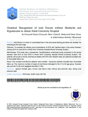 Chemical Management of Anal Fissure without Headache and Hypotension in Almak Nimir University Hospital