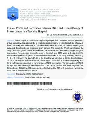 Clinical Profile and Correlation between FNAC and Histopathology of Breast Lumps in a Teaching Hospital