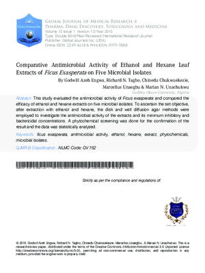 Comparative Antimicrobial Activity of Ethanol and Hexane Leaf Extracts of Ficus Exasperata on Five Microbial Isolates