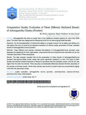 Comparative Quality Evaluation of Three Different Marketed  Brands of Ashwagandha Churna