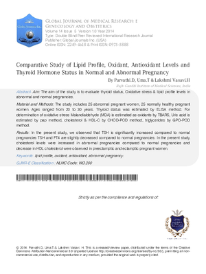 Comparative Study of Lipid Profile, Oxidants, Antioxidants Levels and Thyroid Hormone Status in Normal and Abnormal Pregnancy