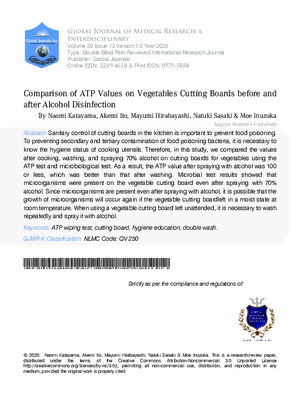 Comparison of ATP values on Vegetables Cutting Boards before and after Alcohol Disinfection